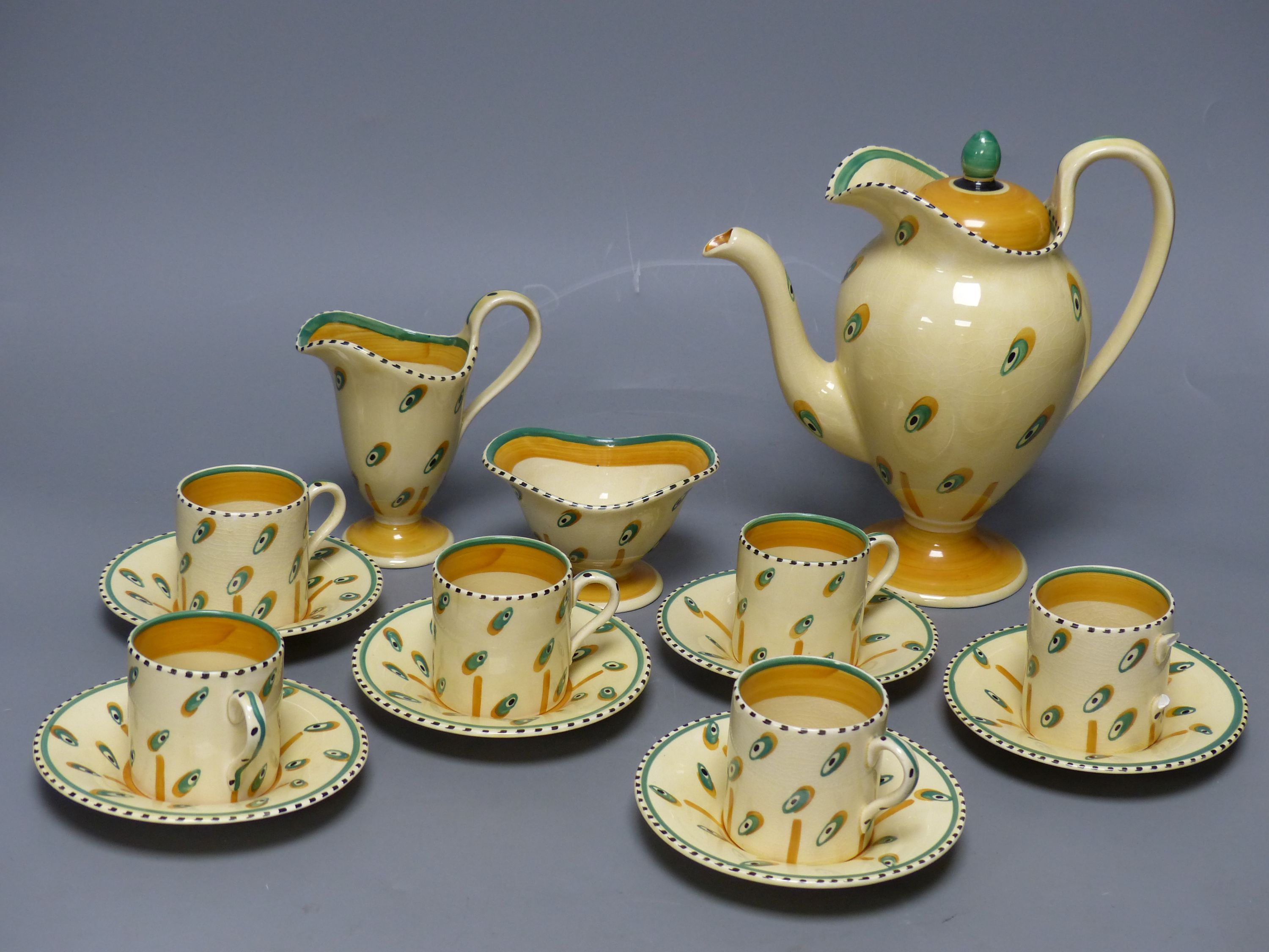 A rare 1930s Susie Cooper coffee set, pattern E283, triangular Susie Cooper Productions mark
